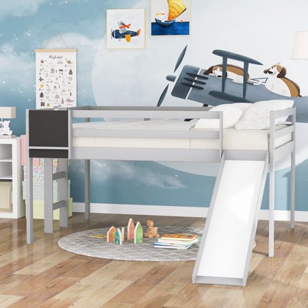 Hombay Full Size Loft Bed with Slide and Stair, Pine Wood Slat Base Bed Frame with Chalkboard for Child Kids