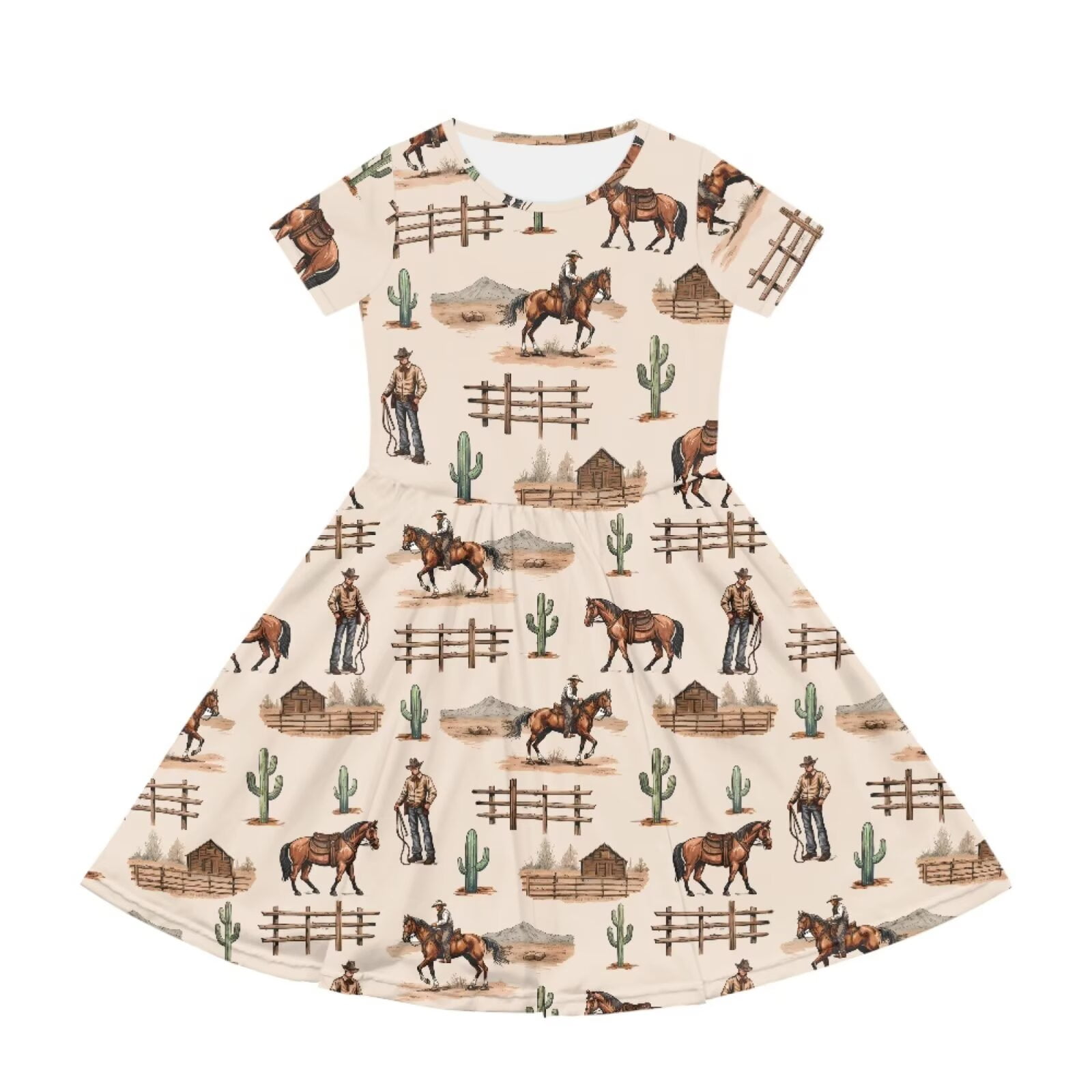 Uourmeti Aztec Horse Short Sleeve Swing Dresses 2-3T Girls Crew Neck Midi Dress Summer Casual Beach Dresses with Pockets