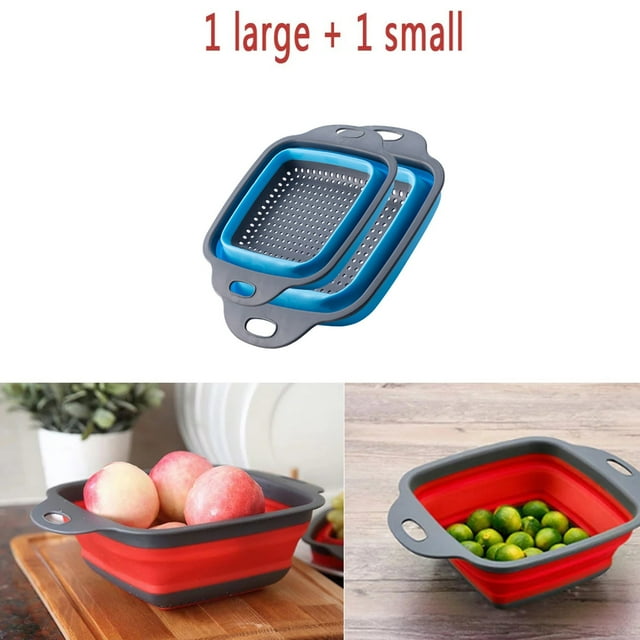 Vegetables And Fruits Kitchen Mesh Folding Silicone Colander Strainer Set Collapsible Colander Set 2pcs