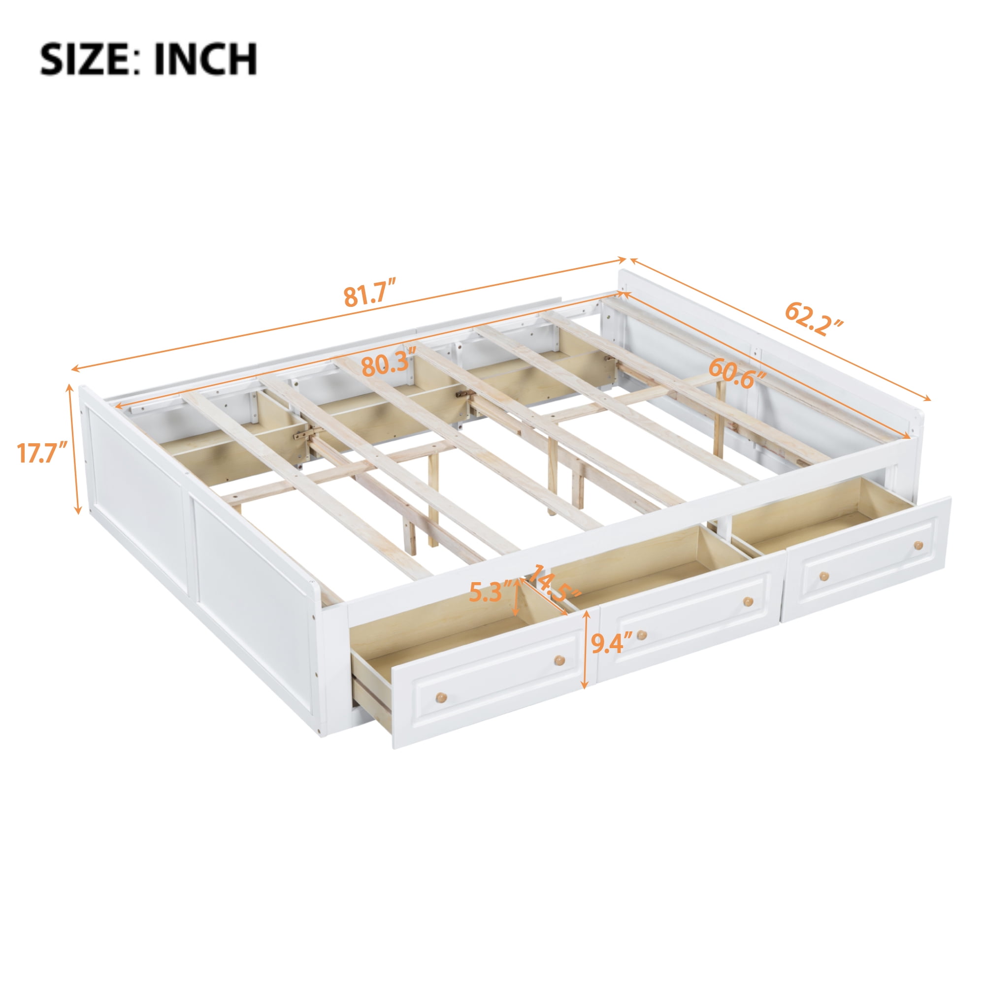 Jopath Queen Size Platform Bed Frame with 6 Drawers, Wood Bed with Slatted Base for Teen and Adult White