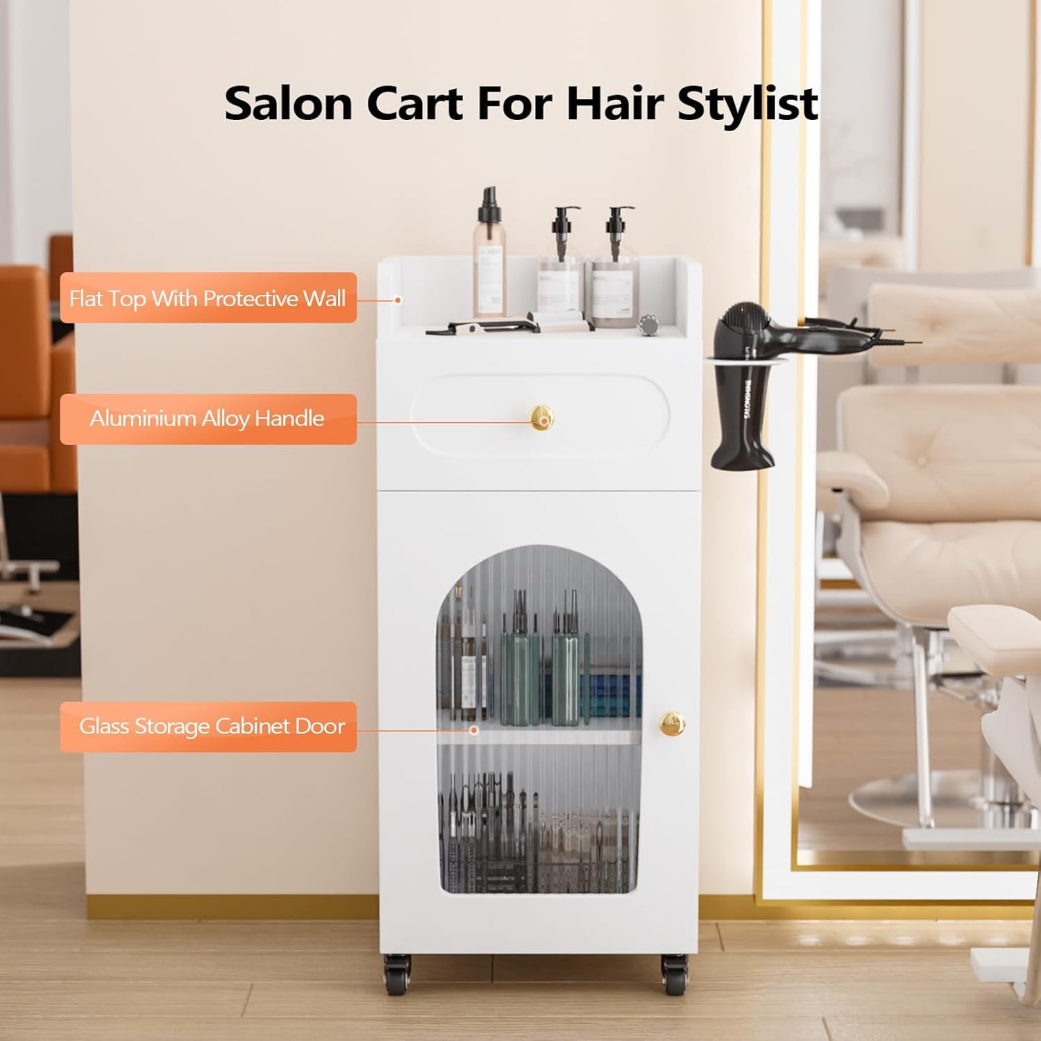 Salon Trolley Cart with Wheels, Hair Cart Mobile Storage Cabinet with Glass Door & Dryer Holder, Esthetician Cart Rolling Salon Station for Barber Beauty Spa Tattoo,Whitew