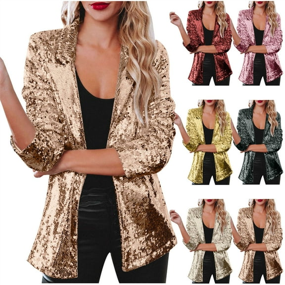 QATAINLAV Sequin Blazer for Women Fashion Glitter Long Sleeve Suit Jackets Casual Party Lapel Blazers Coat, Green, M