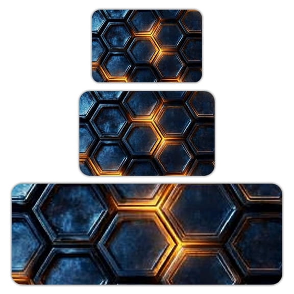 RKSupls Kitchen Rug Set 3 Piece Anti-Slip Flannel Floor Mats, Hexagon Pattern Abstract Washable Absorbent Runner Mats for Kitchen Bathroom Home Decor