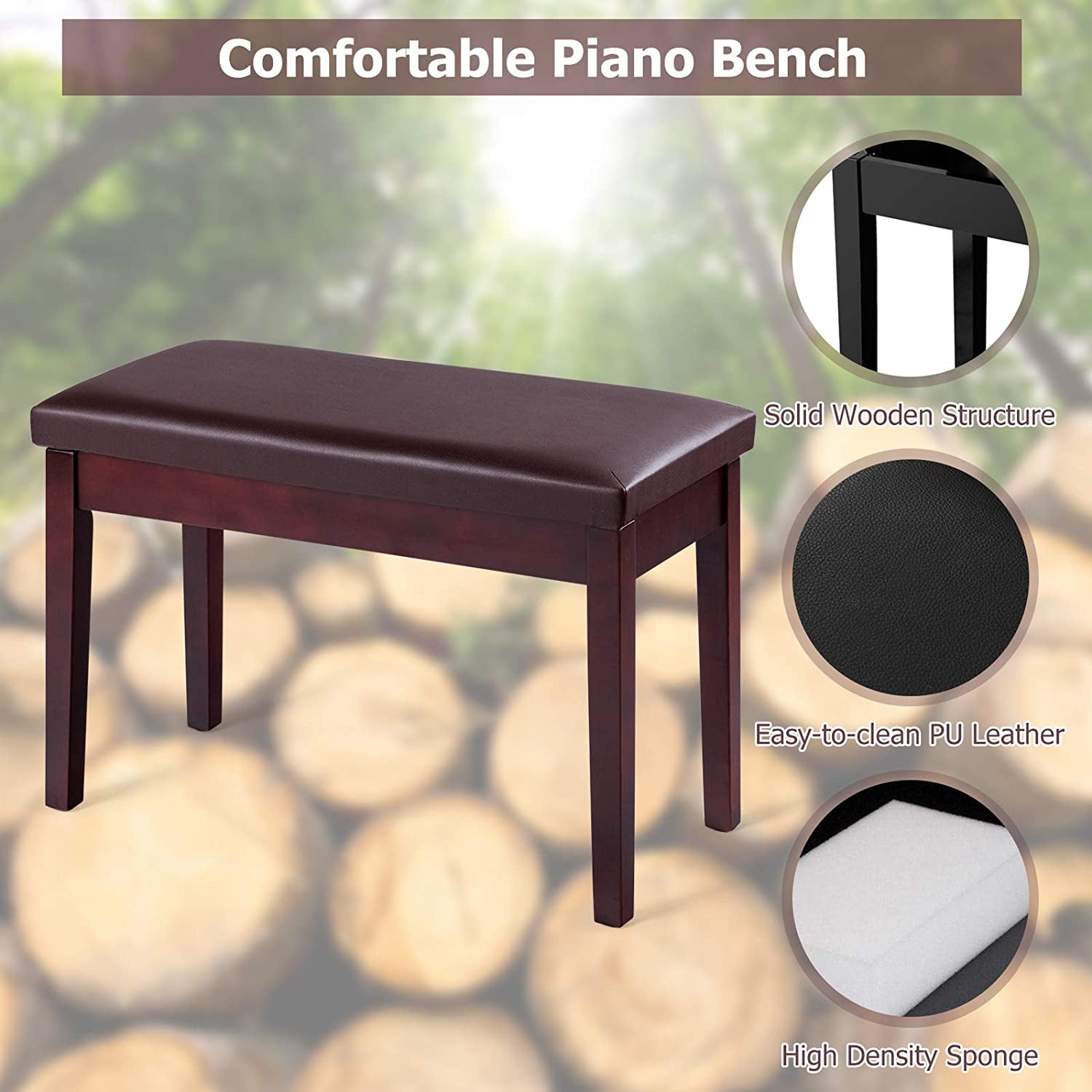 Brown Faux Leather Piano Bench, Solid Wood Construction, Padded Cushion Seat, Hidden Music Storage, Duet Size, Multi-functional Uses
