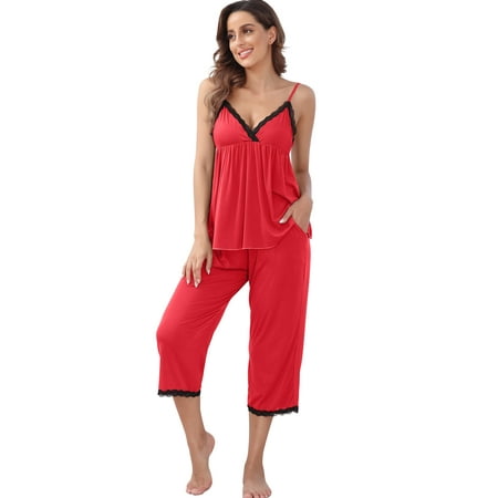 

Women s Casual Modal Pajamas Sets Lace Trim Cami Tops Long Pants Sleepwear