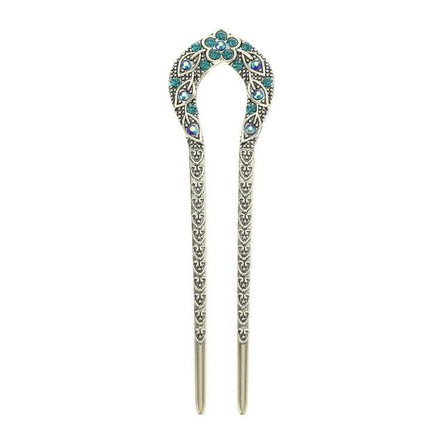 Double Prong Hair Pin U Shaped Crystal Chignon HairPin Stick Hairstyle Accessory for Women Girls(Blue)