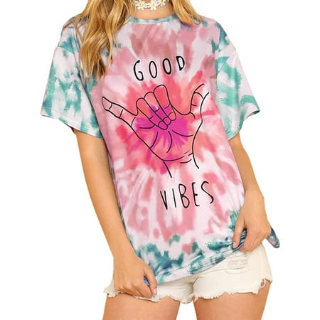 Fancyleo 2019 New Summer Women Fashion Tie Dye Printed T Shirt Good Vibes Letter Print T Shirts