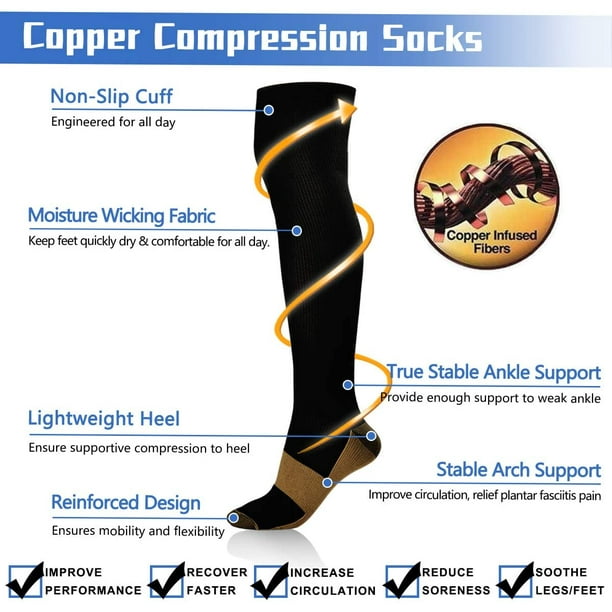 7 Pairs Copper Compression Socks for Men & Women 15-20mmHg Knee High Compression  Socks Comfortable Fit for Nurses, Athletic, Running, Flying, Travel(Black,  L/XL) 