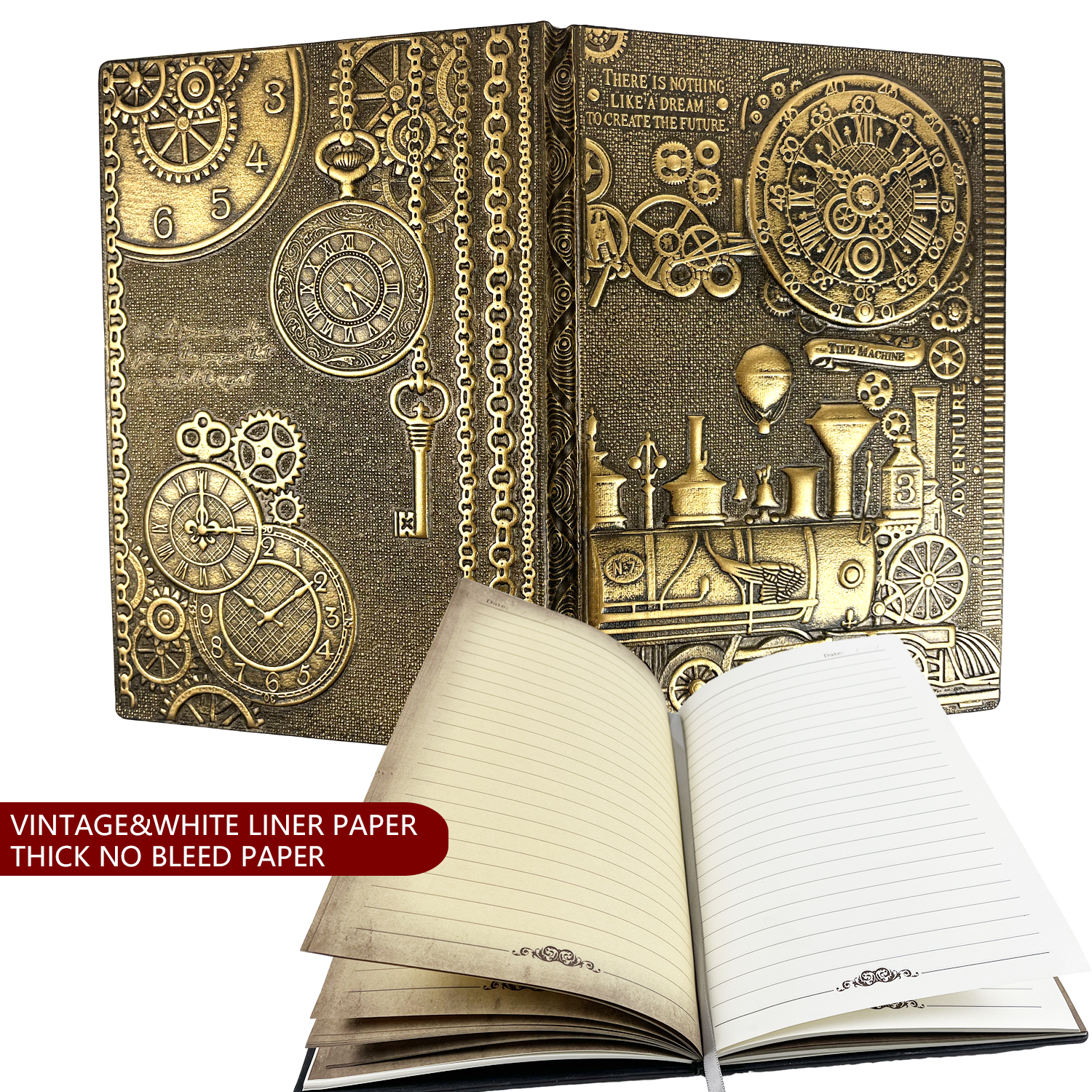 Leather Writing Journal Vintage Notebook, Embossed Train Daily Notepad Diary, Cool Magazine Gift for Women Men Writing, 200 Pages 8.3 x 5.8 inch A5 Bronze Train