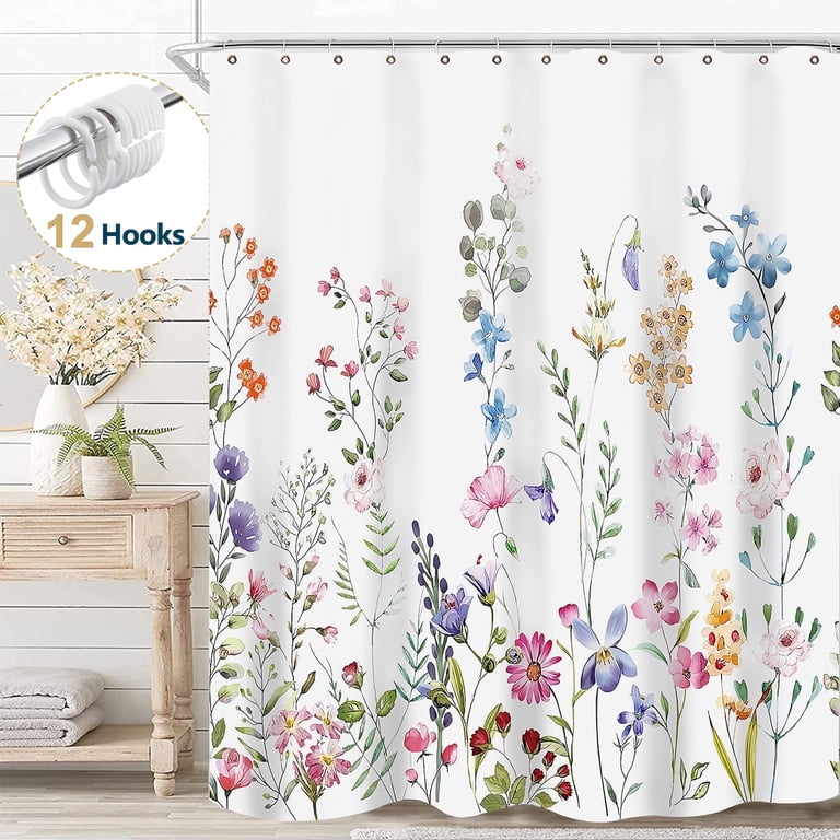 Floral Fabric Shower Curtain with Watercolor Design photo 1