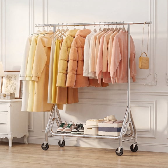 TreGazze Heavy Duty Clothes Rack for Hanging Clothes, Rolling Clothing Rack Load 450 lbs for Bedroom Laundry, Silver