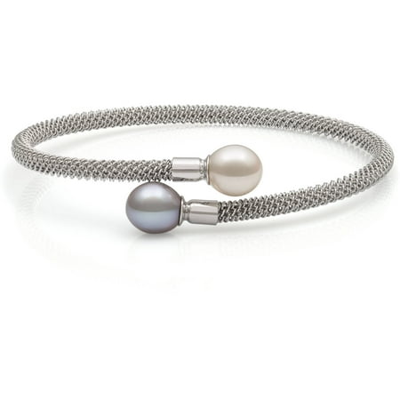 - 8-9mm White and Grey Drop Cultured Freshwater Pearl Sterling Silver Mesh Bracelet, 7.5