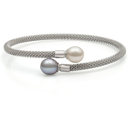 8-9mm White and Grey Drop Cultured Freshwater Pearl Sterling Silver Mesh Bracelet, 7.5