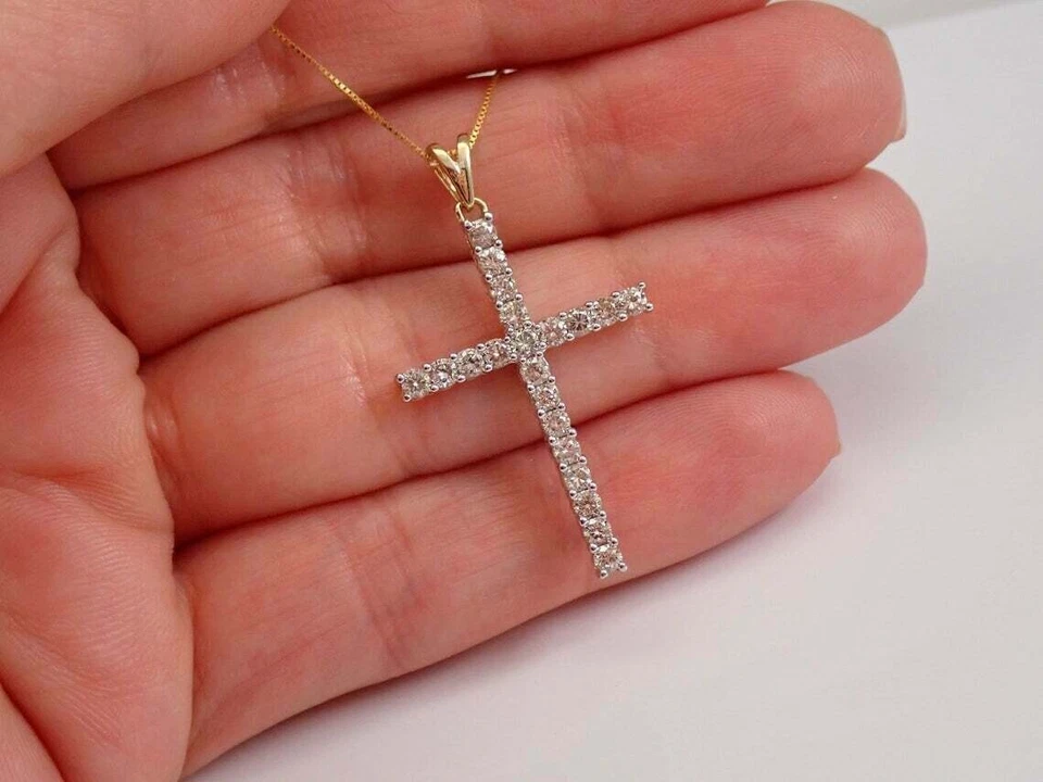 Delicate 1Ct Round Cut Diamond Cross Pendant 18"Free Chain 14K Yellow Gold Over