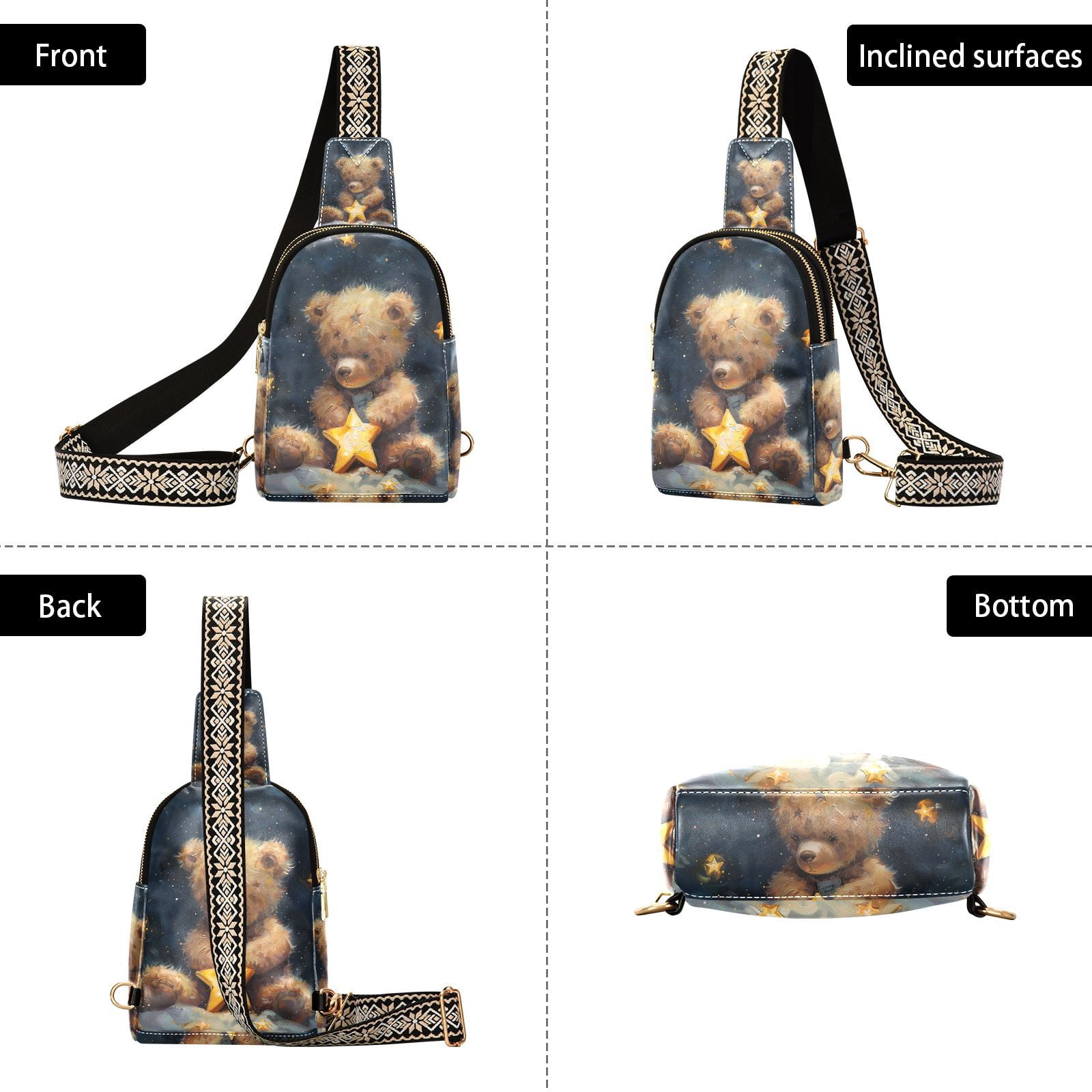 Stars Teddy Bear Crossbody Bags Fanny Pack Sling Bag for Travel Chest Bag Shoulder Bag for Women Trendy