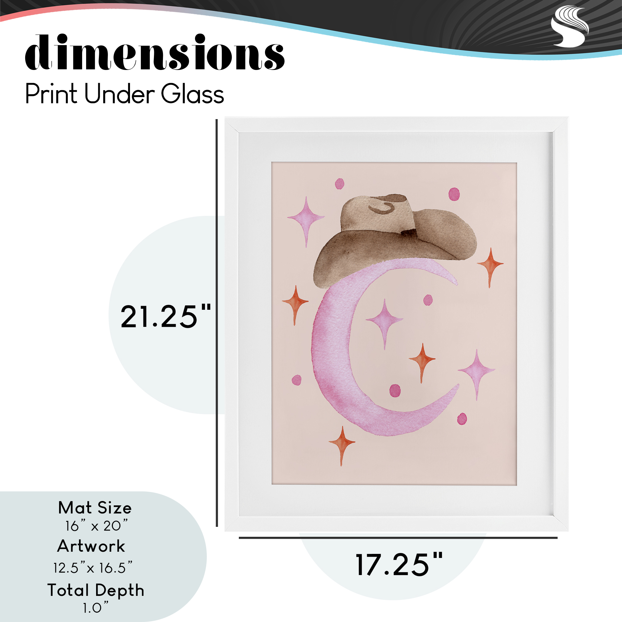 Moon Cowgirl Hat White Framed Print Under Glass, design by Nina Jacobs