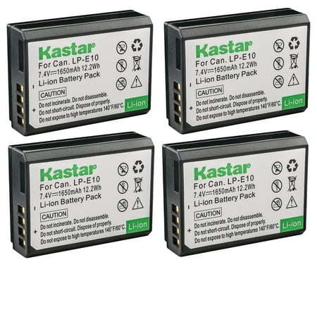 Kastar 4-Pack LP-E10 Battery 7.4V 1650mAh Replacement for Canon EOS 2000D EOS 3000D EOS Kiss X50 EOS Kiss X70 EOS Kiss X80 EOS Kiss X90 EOS Rebel T3 EOS Rebel T5 EOS Rebel T6 T7 DSLR Camera