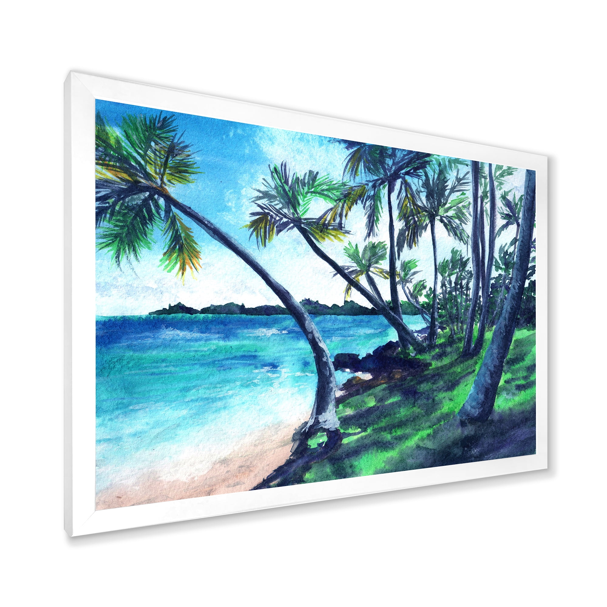 Designart 'Tropical Beach In Summer Paradise With Palm Trees' Nautical & Coastal Framed Art Print