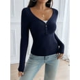 thumbnail image 5 of Women'S Long Sleeve Shirt V-Neck Buttons Ribbed Knit Slim Fit Casual Basic Spring Autumn Tops Blue M, 5 of 9