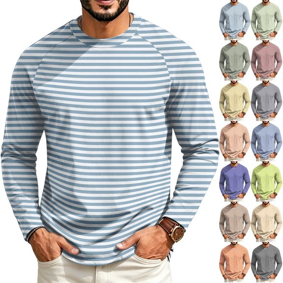 Mfakffe Men's Striped T-Shirt Long Sleeves Round Neck Basic | Spring Fall, Lightweight Fabric, Soft, Regular Fit, Casual Style