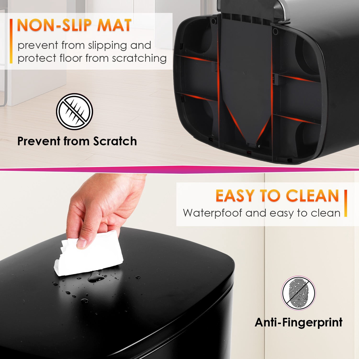 FASCK 13 Gallon/50 L Garbage Can Kitchen Trash Can with Lid for Office Bedroom Bathroom Step Trash Bin Fingerprint-Proof Brushed Stainless Steel 13 Gallon / 50 Liter,Black