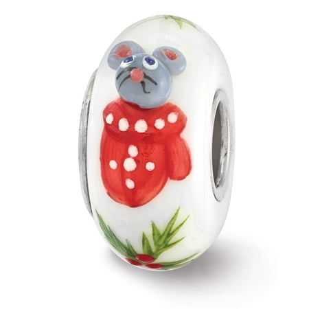 Finest Gold Sterling Silver Reflections Hand Painted Christmas Mouse Fenton Glass Bead