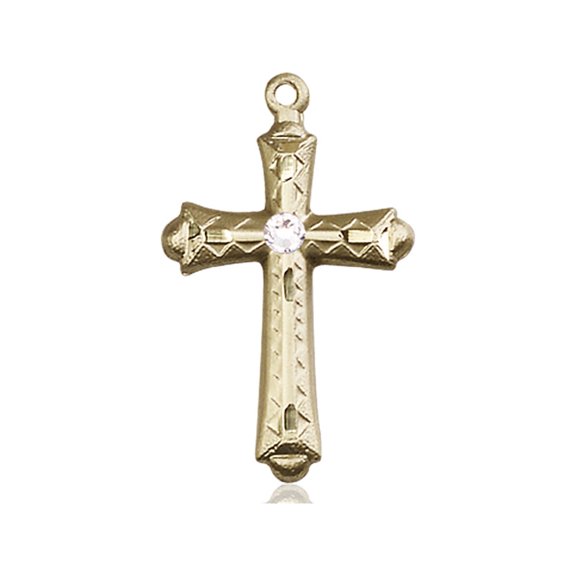 14kt Yellow Gold Cross Medal with 3mm April Swarovski Crystal 1 1/8 x 5/8 inches