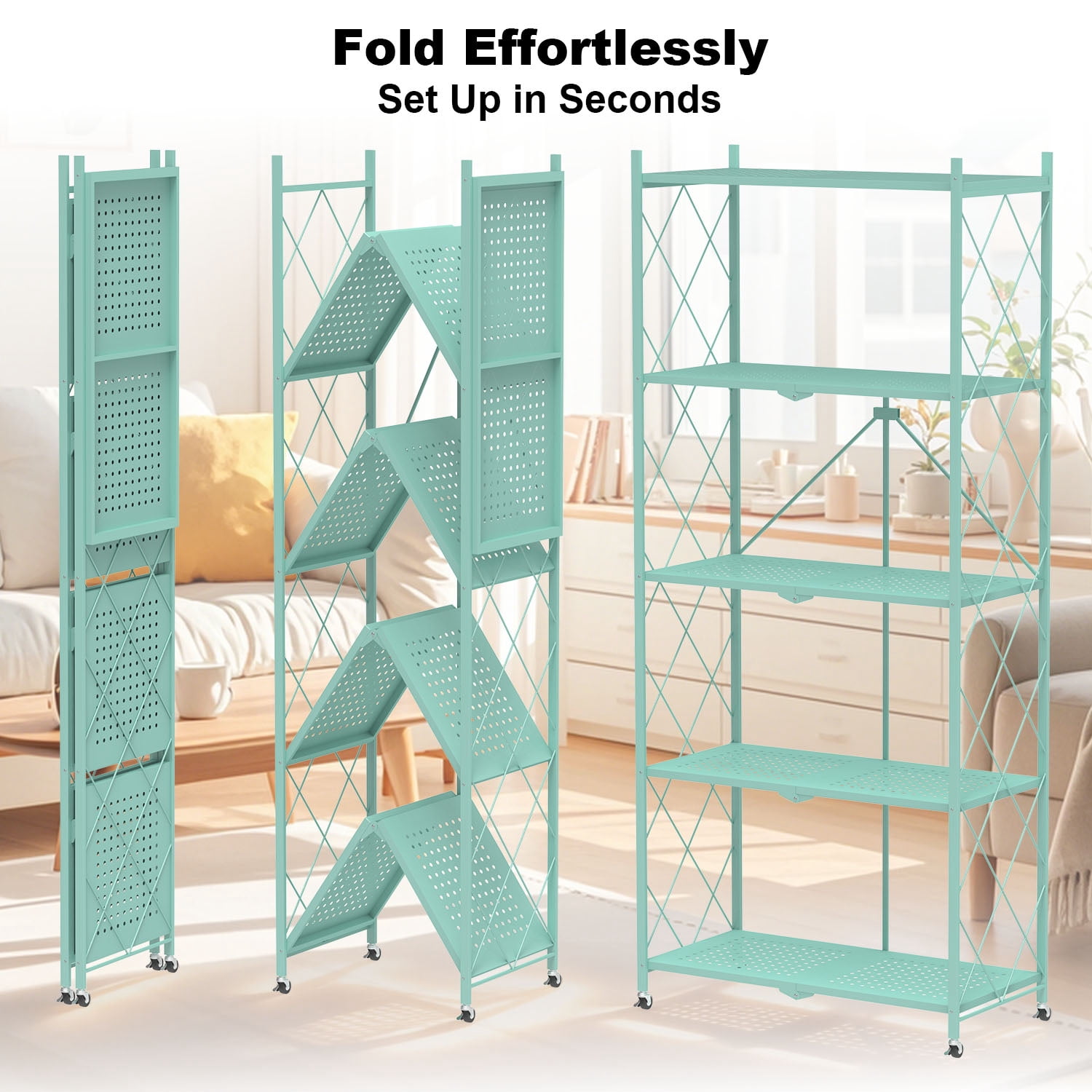 5 Tier Foldable Shelf with Wheels, Portable Carbon Steel No Assembly Organizer, Collapsible Rolling Standing Utility Storage Rack for Kitchen Pantry Office, Green