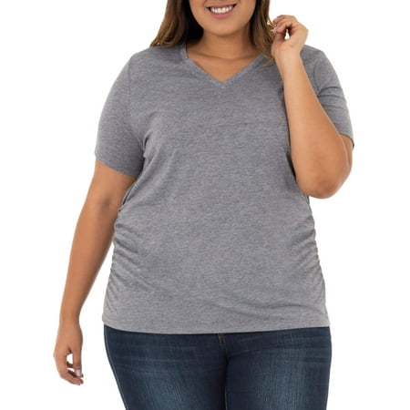 Women's Plus Size Short Sleeve Shirred Side V-Neck T-shirt