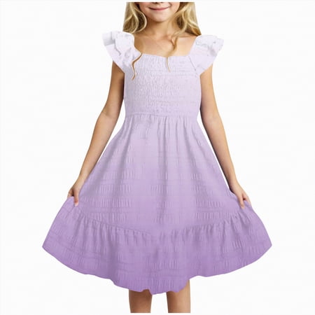 Kogui Dress Girls Little Girls Summer Dress Floral Short Sleeve Casual Outfit Dress Size 13-14 (Purple 13-14 Years)