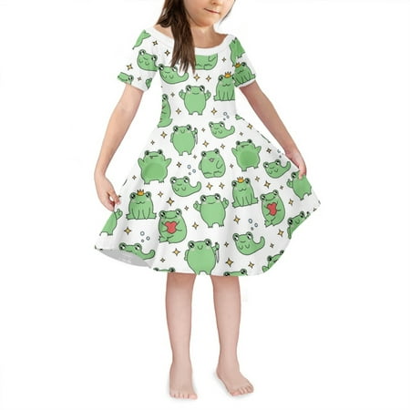 

NETILGEN Interesting Frog Print Breathable Dresses Comfortable Trend Toddler Girls Swing Twirl Dress with Sleeve Fit 5-6 Years