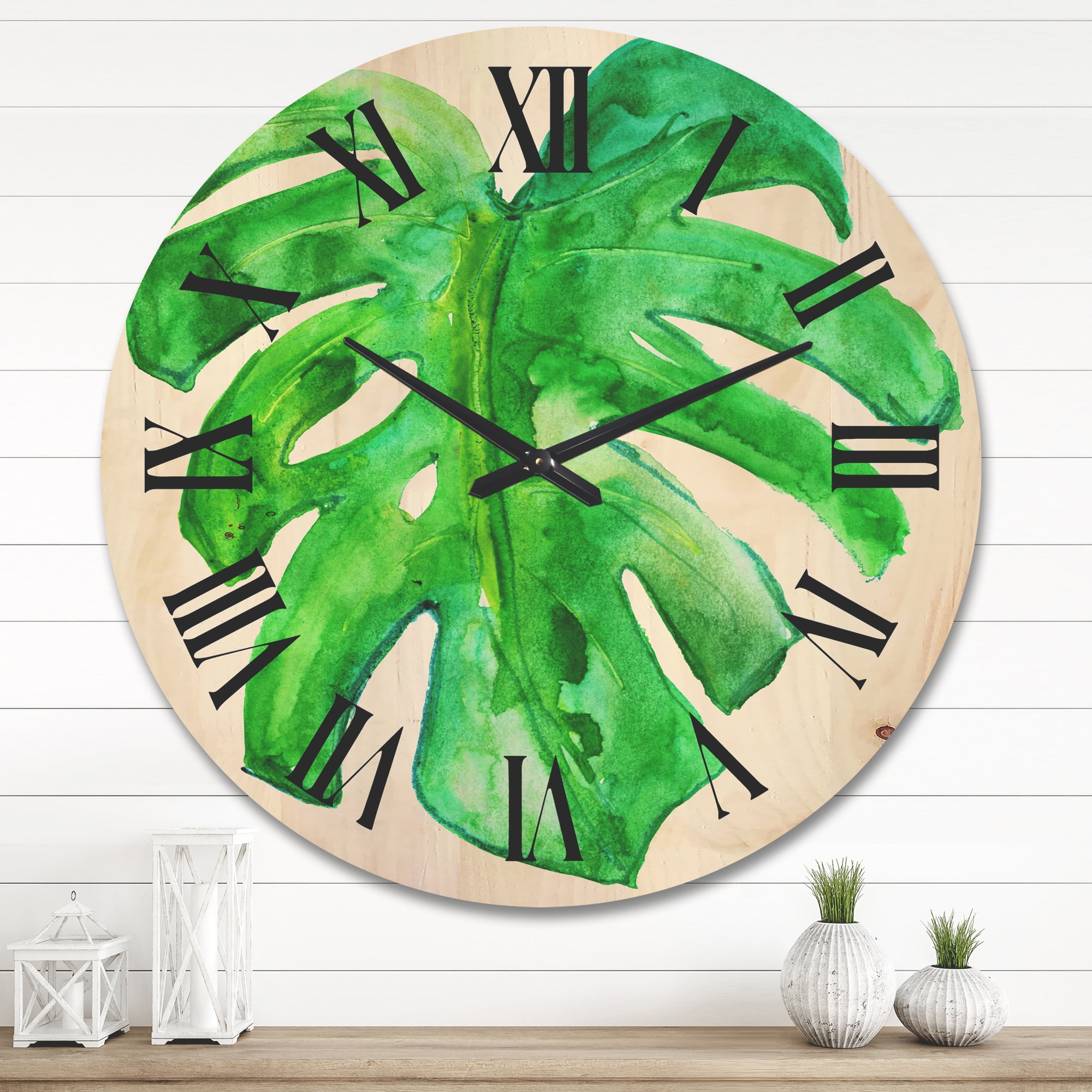 Designart 'Close Up Of Tropical Leaf Of Monstera I' Farmhouse Wood Wall Clock