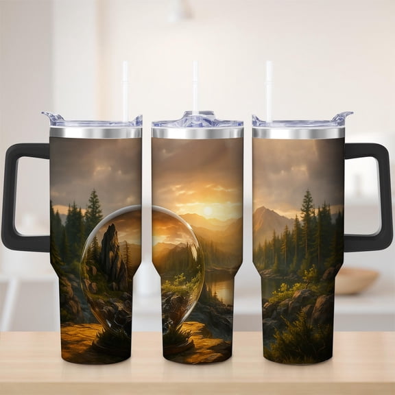 Mountain Landscape Stainless Steel Insulated Mug with Lid and Handle, 30oz