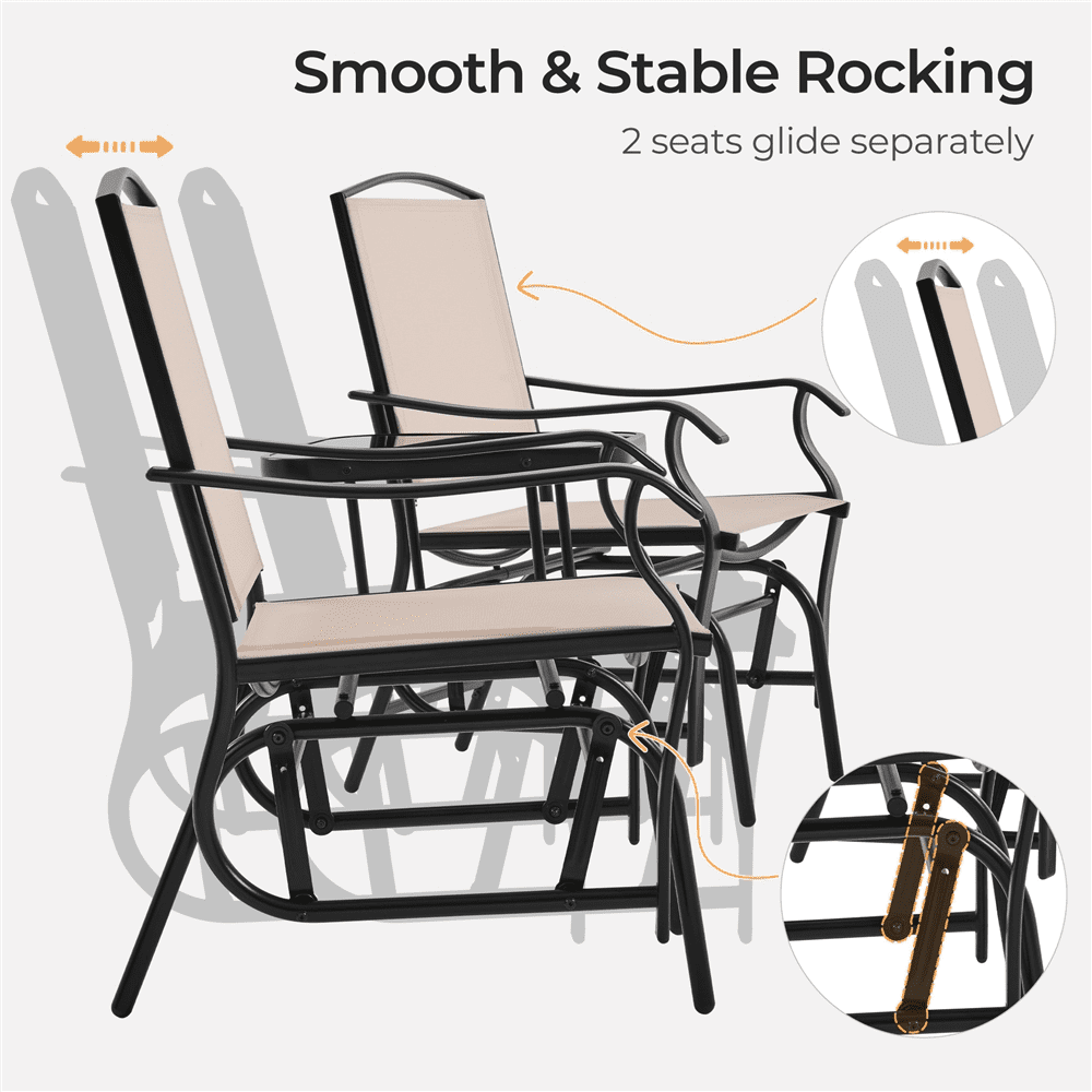 Alden Design 2-Person Texteline Patio Glider Chair W/ Table for Outdoor, Beige