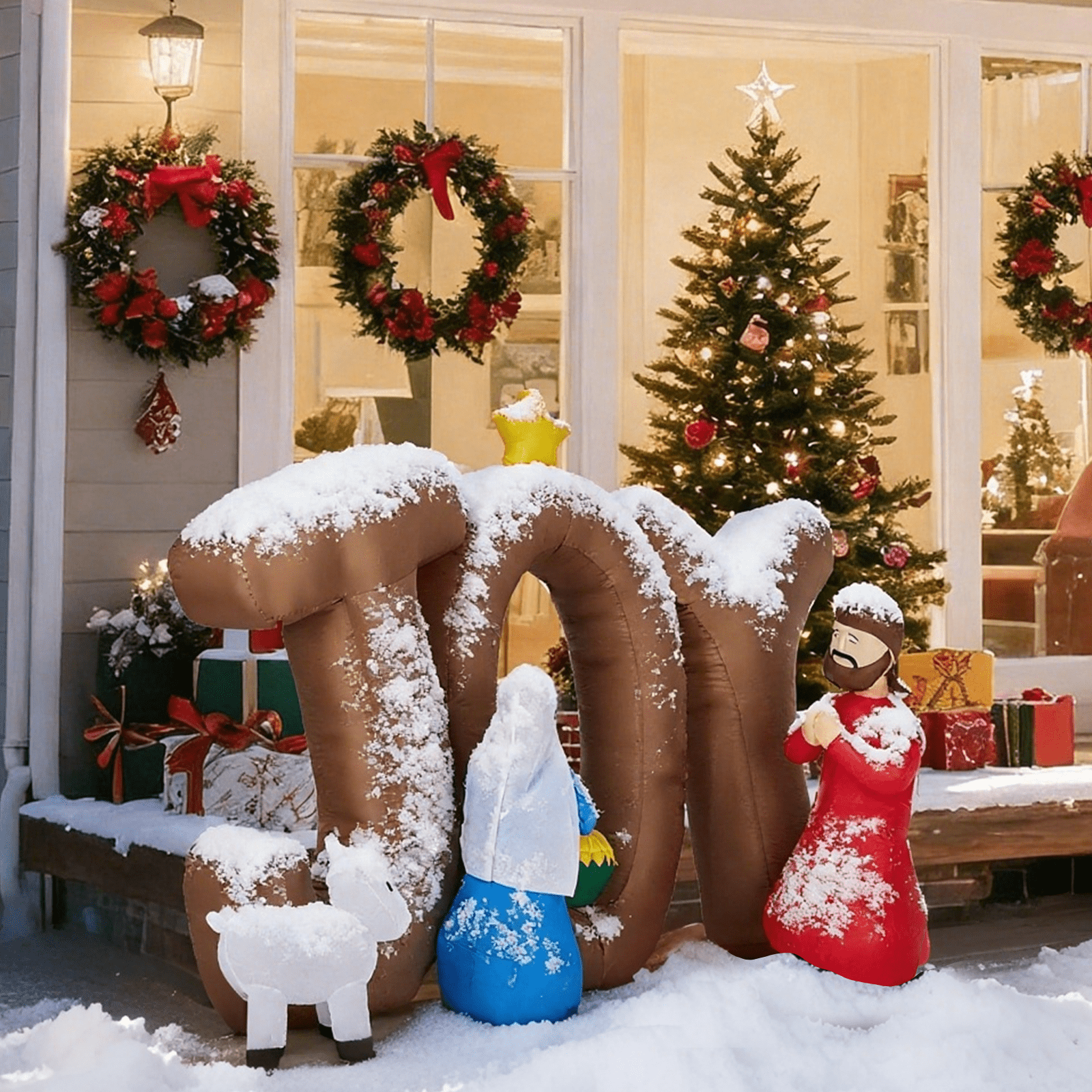 Astoutdoor Christmas Inflatable Decoration, Nativity Scene with JOY Sign, Built-in LED Lights, 88.6 x 29.5 x 55.1 in