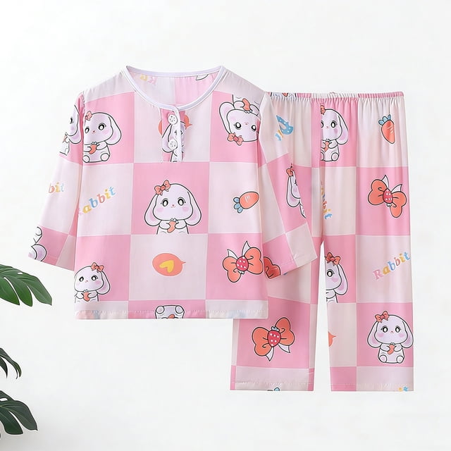 hengsof Ensemble de Pyjama d'Été pour Filles à Manches Longues Mode Imprimée Vêtements de Maison 2 Pcs Haut à Manches Longues Col Rond avec Boutons Pantalon à Taille Élastique