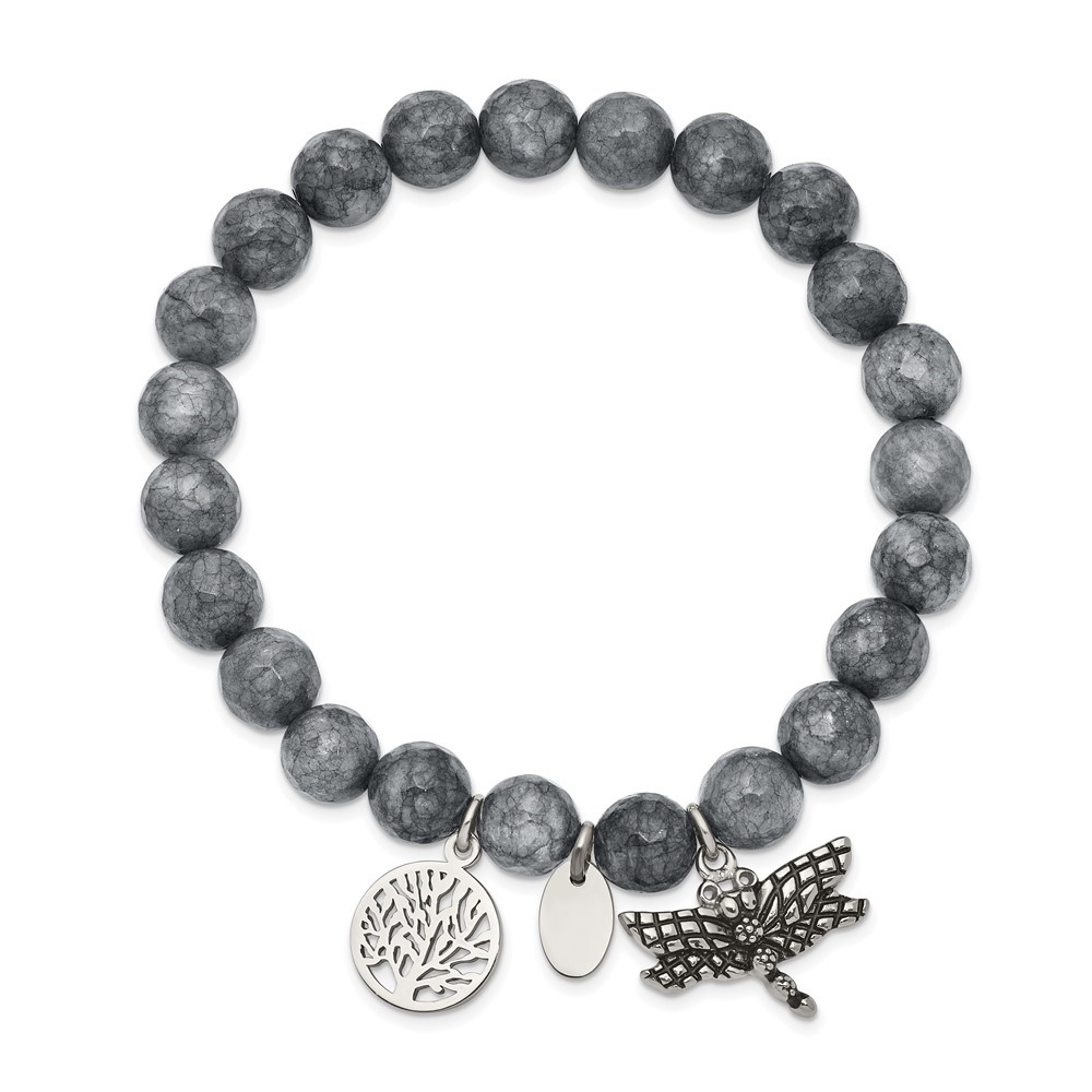 Diamond2Deal Stainless Steel Dragonfly and Tree of Life 8mm Grey Dyed Jade Beaded Stretch Bracelet for Women 6"