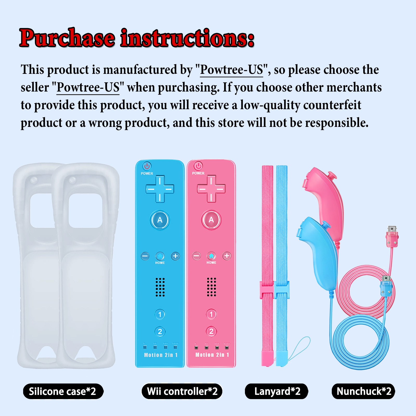 Powtree 2 Pack Wii Controller for Nintendo Wii, Wii Remote with Silicone Case and Strap Compatible with Nintendo Wii/Wii U/Wii Mini (Blue and Pink)
