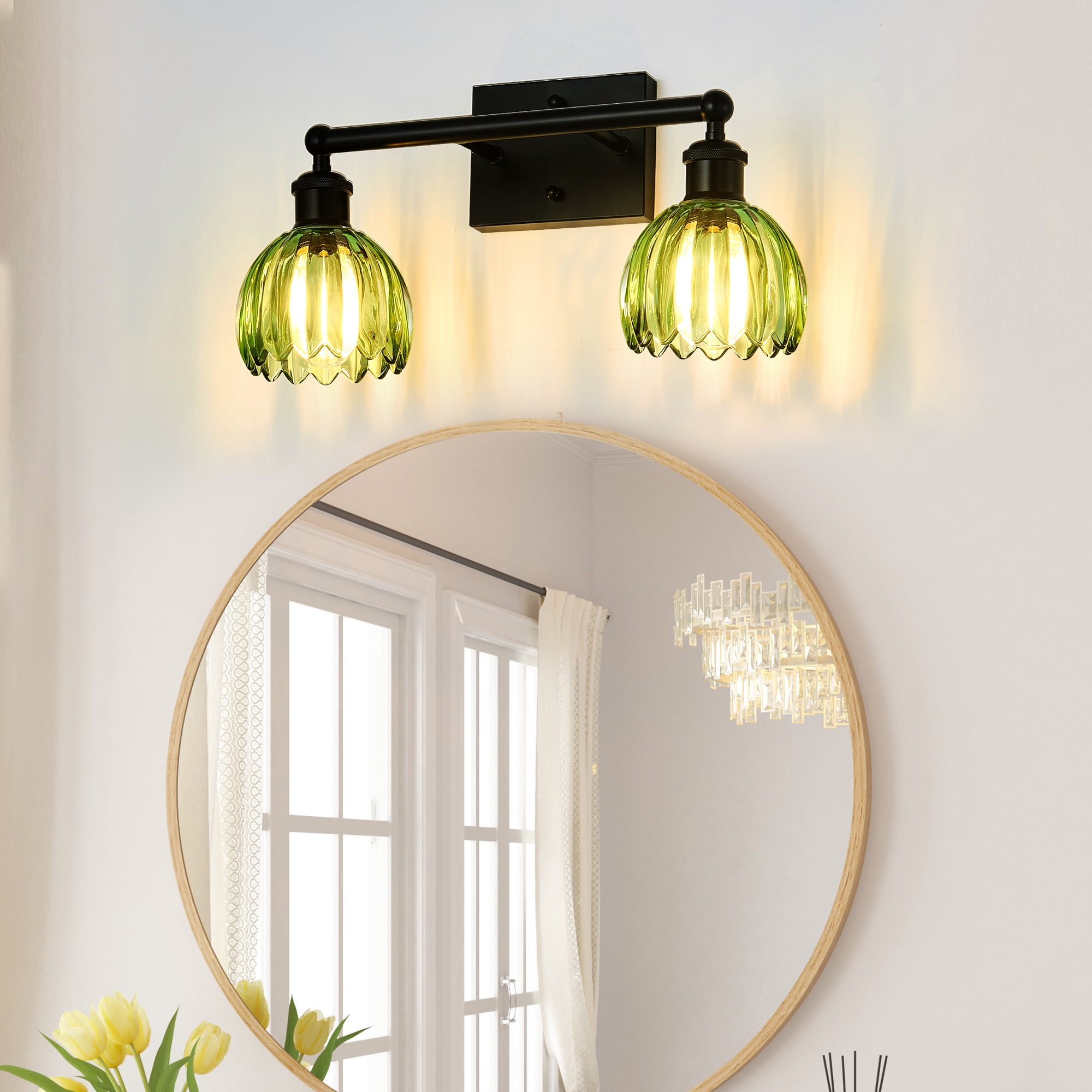 HKMGT 2-Light Black Vanity Light with Green Ribbed Glass,, Reversible Mounting, E26 Base Wall Sconce for Bathroom & Hallway