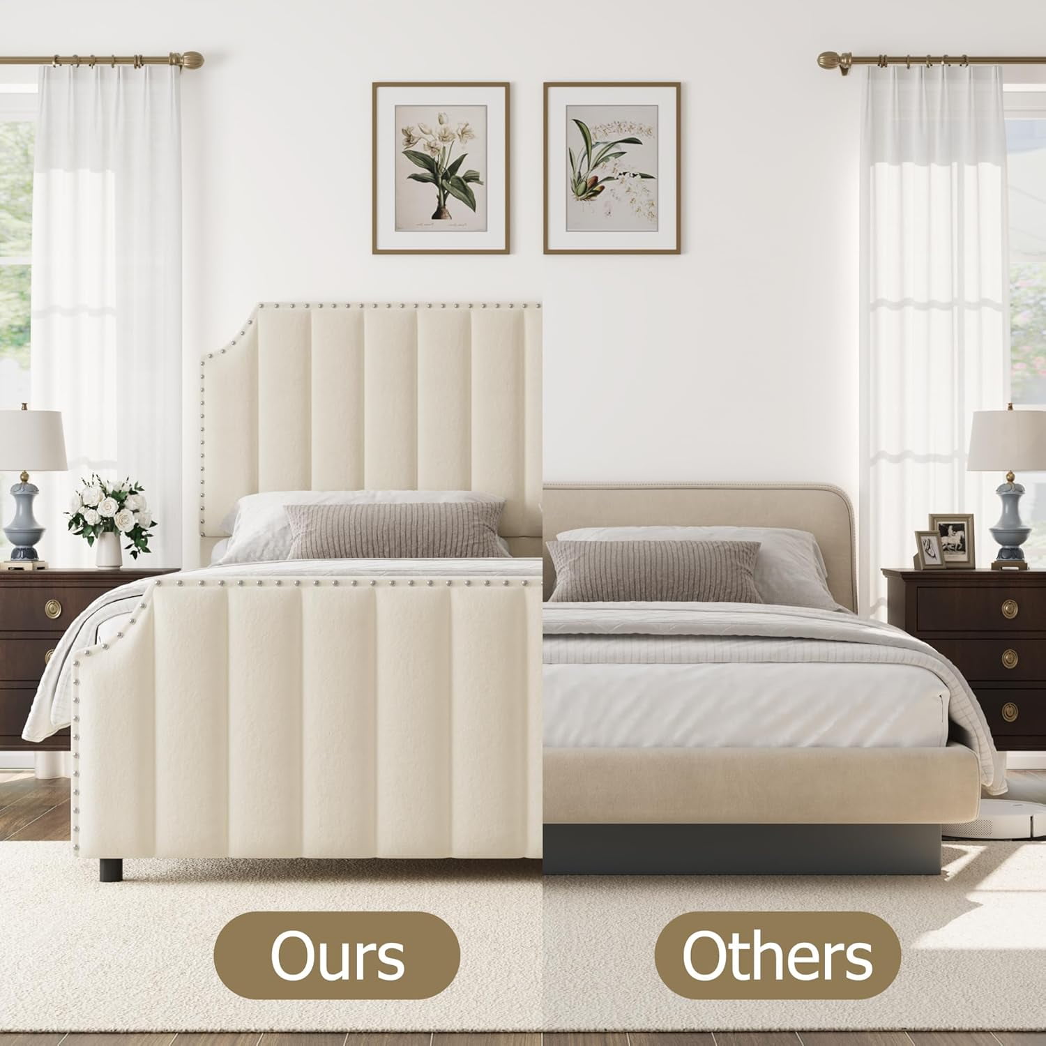 King Size Platform Bed Frame with 50.2" Headboard, Velvet Upholstered Bed Frame King with Vertical Channel Tufted Headboard & Footboard, Nailhead Trim, No Box Spring Needed, Cream