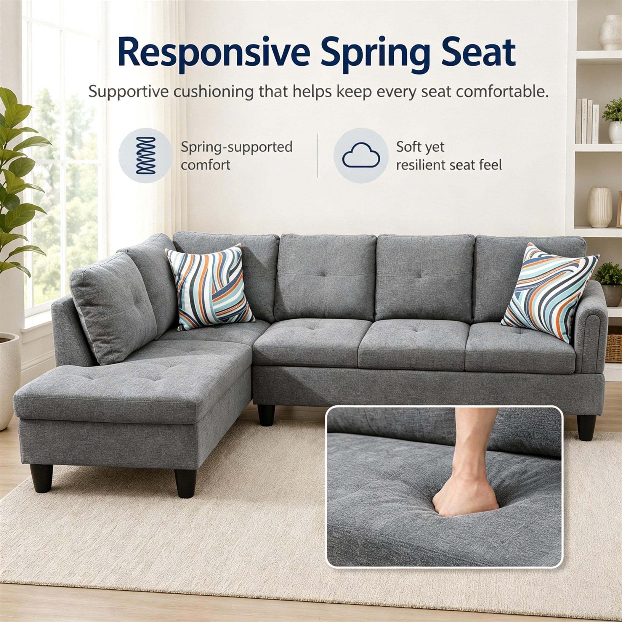 Aukfa 97" Classic Sectional Sofa 4 Seat L shape Couch with Oversized Left Chaise for Living Room, 2Pillows, Linen, Gray