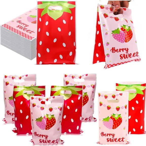 9.8"x 6.3" Plastic Candy Gift Favor Bags,TGY 60 pack Party Favor Bags,Strawberry Goodie Gift Bag with Handles,Party Gift Bag for Kids Birthday Wedding Baby Shower Spring Summer Party