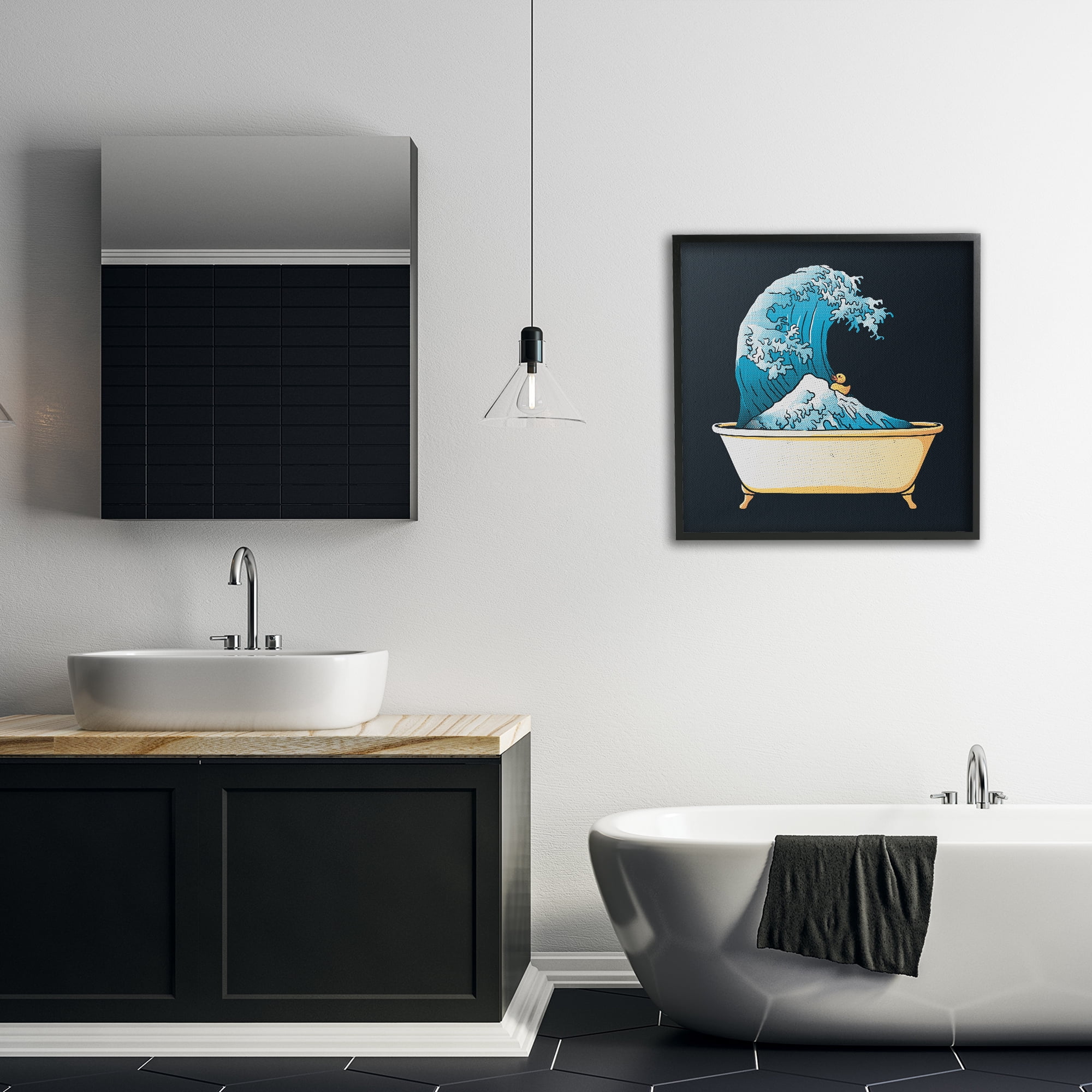 Stupell Industries Bathtub with Kanagawa Wave Black Framed Giclee Art, design by Tobe Fonseca