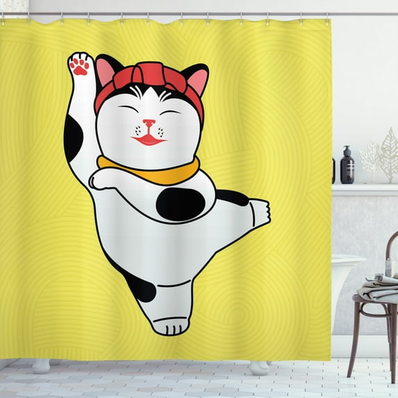 Japanese Cat Shower Curtain, Sporty Maneki Neko Happy Cheery Luck Cat Illustration, Fabric Bathroom Set with Hooks, 69W X 75L Inches Long, Mustard Black and Multicolor, by Ambesonne