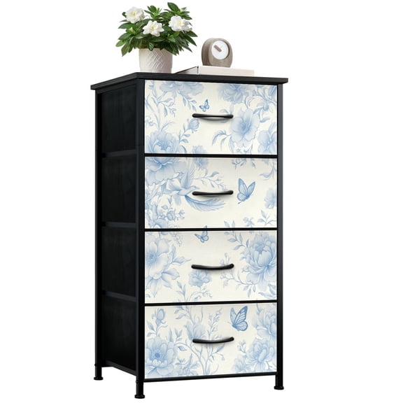 Dresser for Bedroom with 4 Storage Drawers Floral Vintage Boho Blue Cream White Flowers Birds Dressers Chest of Drawers Steel Framed Fabric Closet Organizers for Dorm Entryway