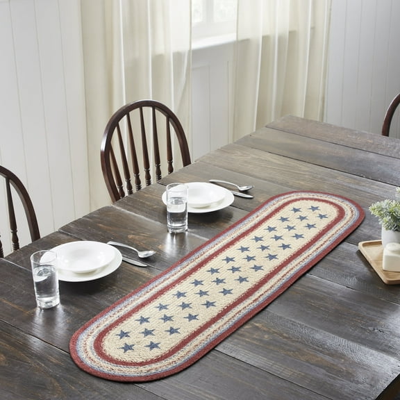 VHC Brands Celebration Farmhouse Jute Table Runner, Oval, Red Creme Blue, 13x48
