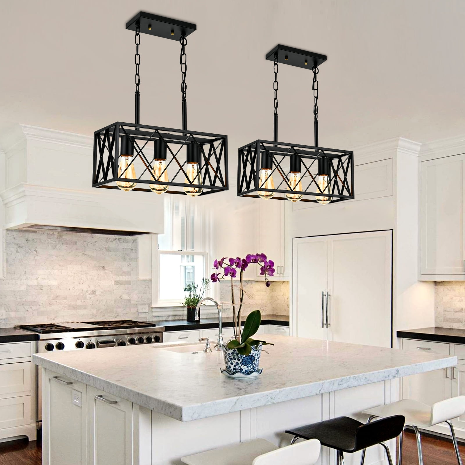 Kitchen Island Lighting, 3 Light Farmhouse Linear Chandelier for Dining Room Pool Table Pendant Light Fixture, Wood Grain FinishLength AdjustableBlack