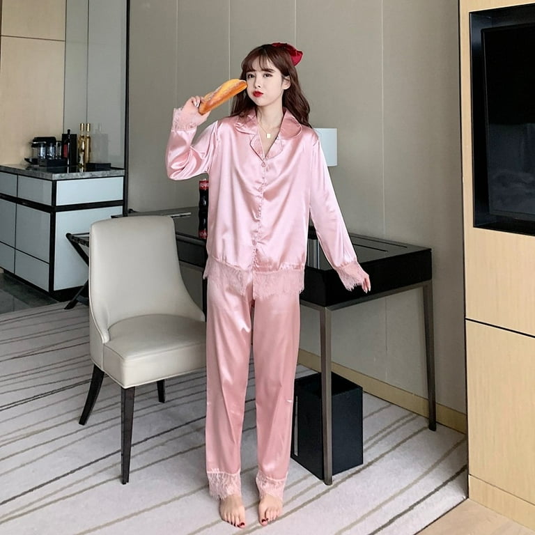 DanceeMangoo Silk Pajamas for Women Solid Lace Sleepwear Women Spring Autumn set woman 2 pieces Satin Ladies Pijamas Mujer Night Loungewear