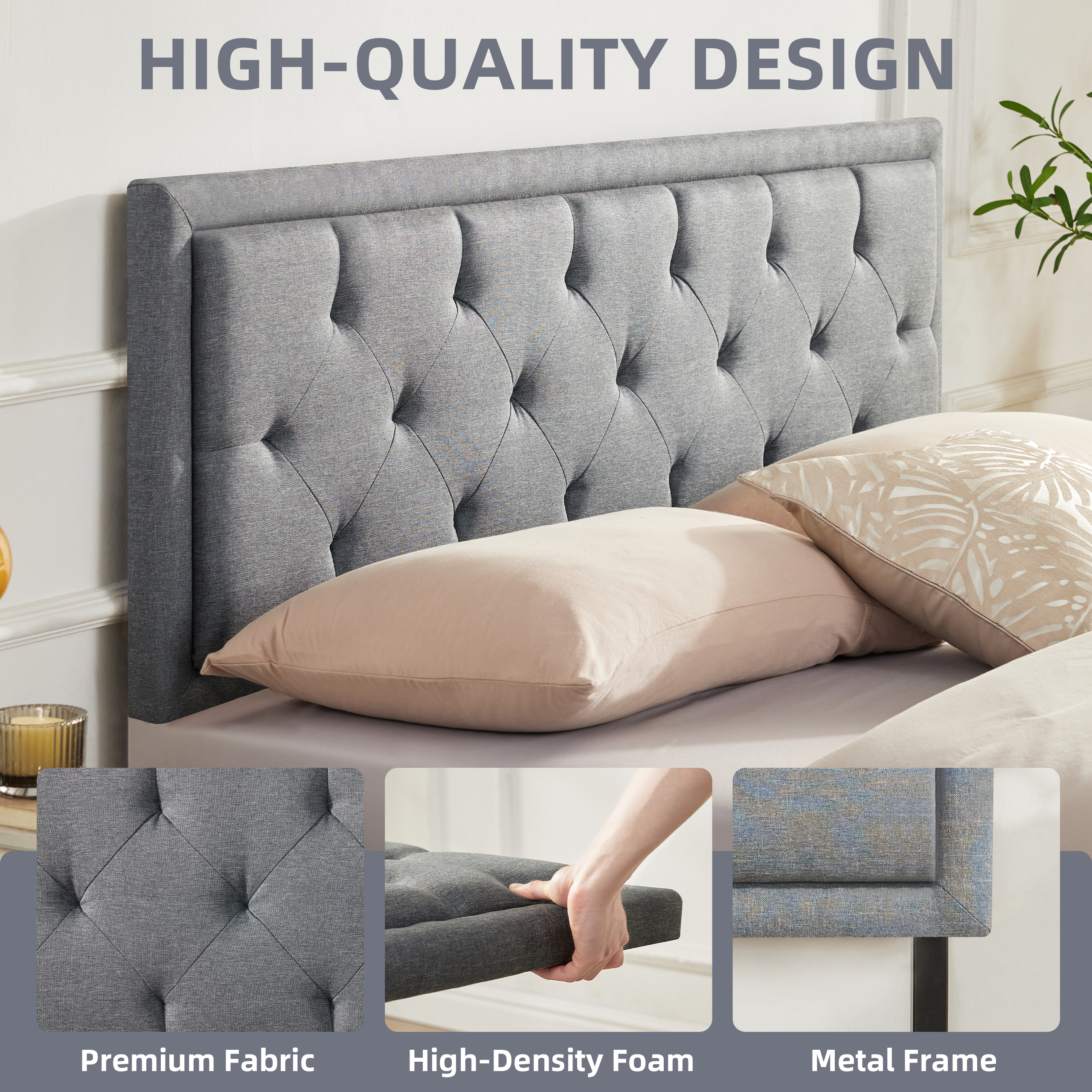 Weture Panel Headboard, Queen, Linen, Adjustable Height, Lightgrey