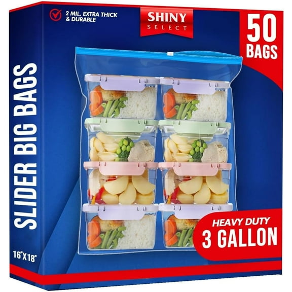 [ Pack of 50 3.5 Gallon Large Food Storage Bags with Reclosable Easy Open Close Slider Closure, 2 Mil Thick, Size 16"x18", for Food-Meal Prep, Organization & Storage